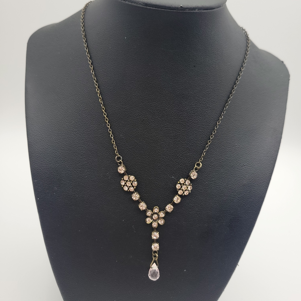 Vintage Gun metal A Clear Flower Choker Y Necklace